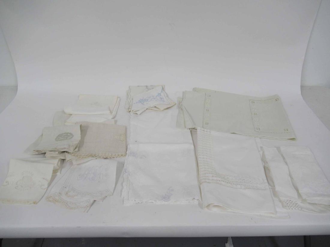 Group of Vintage Assorted Tea Towels: Together with 2 bridge size table cloths.