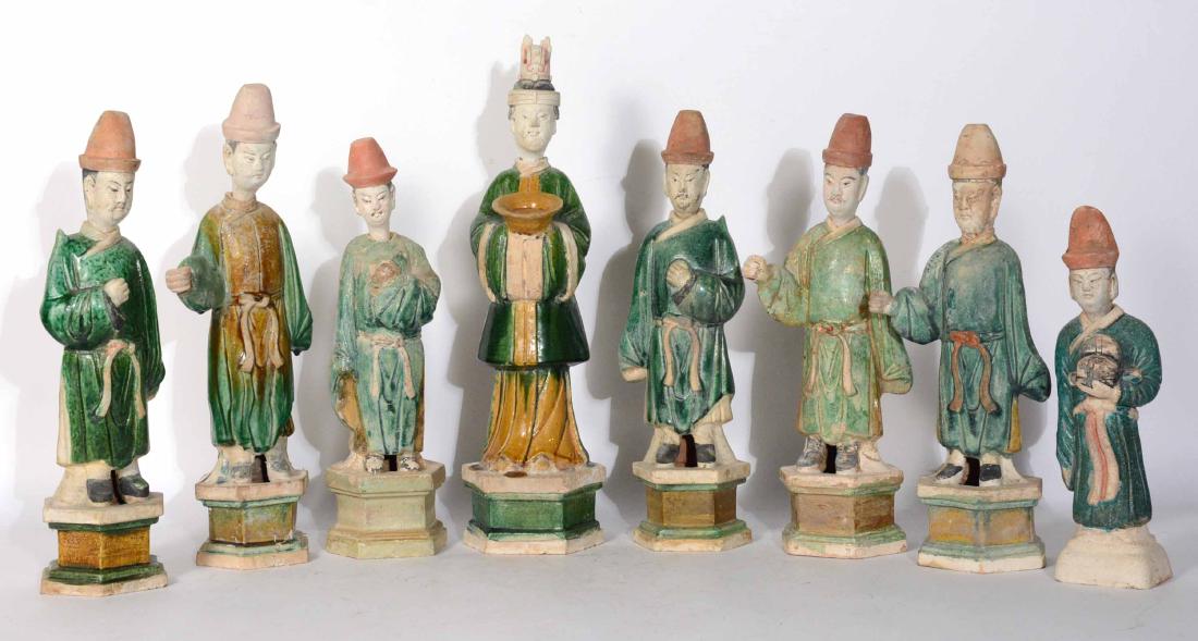 Eight Chinese Ming Dynasty Glazed Ceramic Figure: From 13"h to 19 1/2"h Provenance: Property from the Collection of Dr. Andrew and Ziva Dahl.