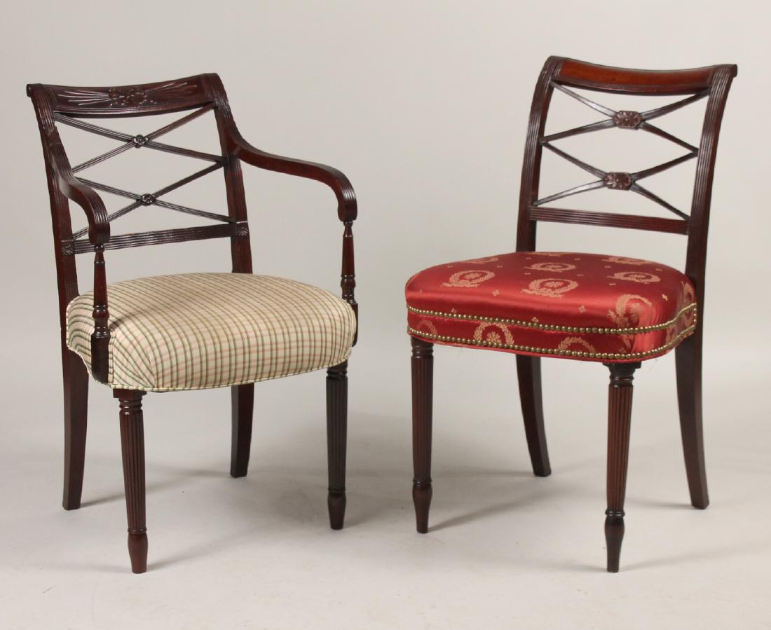 Federal Mahogany Armchair: New York, c. 1805, Duncan Phyfe school. Together with a Federal mahogany dining side chair, attributed to Duncan Phyfe, New York, 1815. 31-1/2"h and 32-1/2"h Provenance: Armchair - Estate of Martha L.