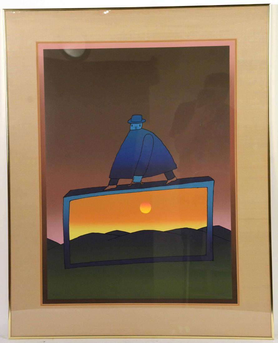 Abstract Lithograph, Jean Michel Folon: (Belgian 1934-2005), edition 91/100, pencil signed lr, man with suitcase sunset. 31-1/2"h x 23-1/2"w. Provenance: Property from the Collection of Dr. Andrew and Ziva Dahl.
