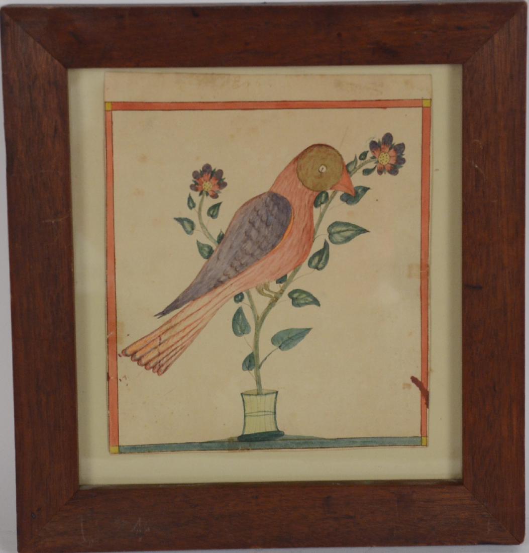 Double Sided Framed Fraktur Folk Art Birds: Pennsylvania. Verso watercolor signed in pencil u.c. Adline Baer. Paper size: 8"h x 6 3/4"w Property from an Important Long Island Collection.