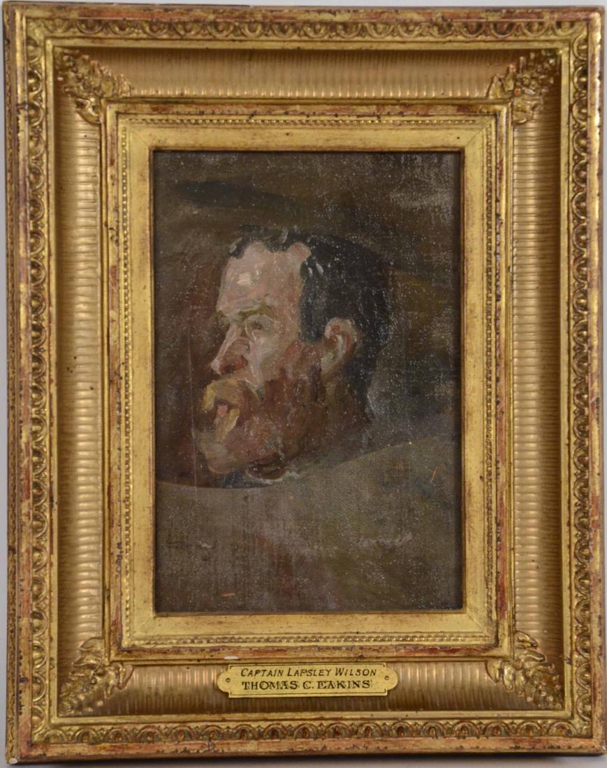 Oil on Canvas, Portrait of Man, Thomas Eakins: (American, 1844-1916), titled "Portrait of Captain Lapsley Wilson," canvas mounted on cardboard. Sight size: 7-3/4"h x 5-1/8"w Provenance: Property from the Westervelt Company, Tuscaloosa, Alabama.