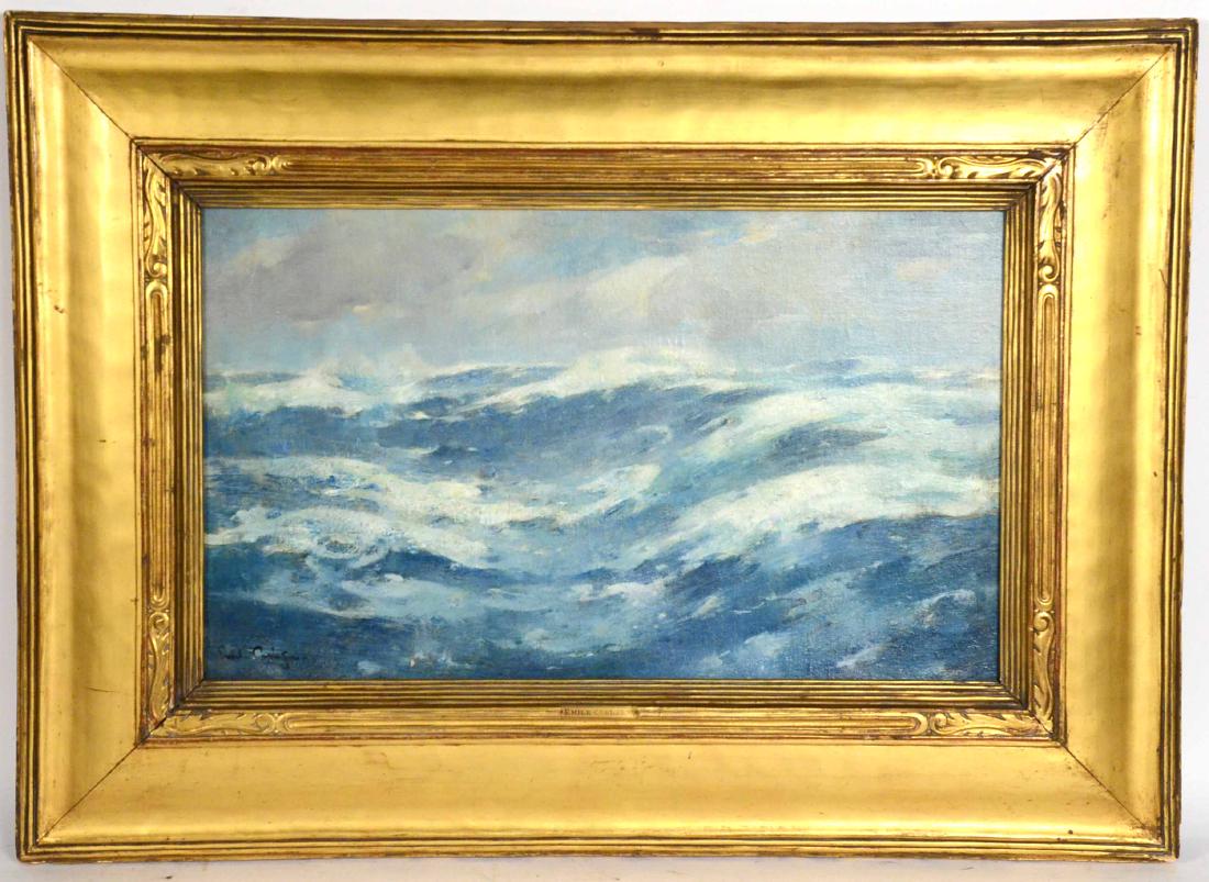 Oil on Canvas, "Breaking Waves," Emil Carlsen: (Danish-American, 1853-1932) signed l.l. bears plaque on frame. Sight size: 14-1/2"h x 23-1/4"w Property from the Westervelt Company, Tuscaloosa, Alabama.