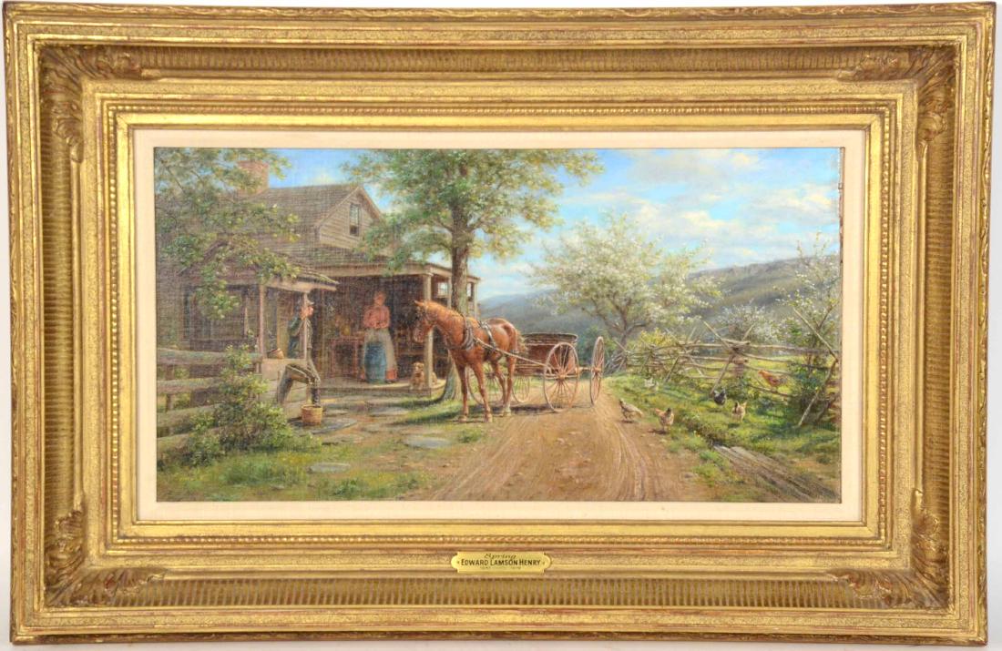 Oil on Canvas, "Spring," Edward Lamson Henry: (American, 1841-1919), signed l.l. 1907. Sight size: 10-3/4"h x 20-3/4"w Provenance: SKT Galleries. Property from the Westervelt Company, Tuscaloosa, Alabama.