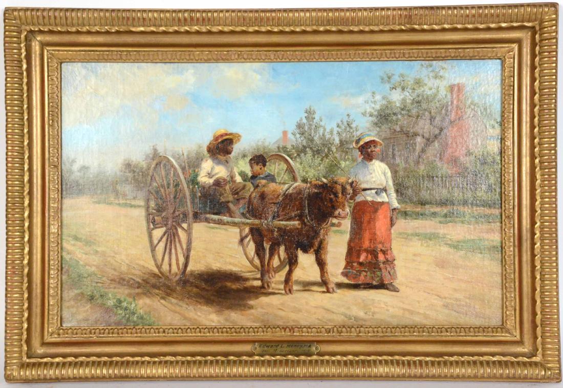Oil on Canvas,Figures on Path, Edward Lamson Hen: (American, 1841-1919), signed l.l. "E.L. Henry, Study Near Petersburg, Virginia." Sight size: 12"h x 19-1/2"w Provenance: Ira Spanierman Galleries. Property from the Westervelt Company, Tuscaloosa, Al