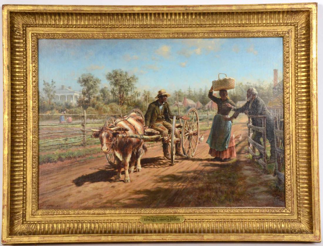 Oil on Canvas, Figures in Road, Edward L. Henry: (American, 1841-1919), titled "The Temperance Preacher," signed l.l. "E.L. Henry '88." Sight size: 9-3/4"h x 15"w Provenance: Berry Hill Galleries. Property from the Westervelt Company, Tuscaloosa, Al