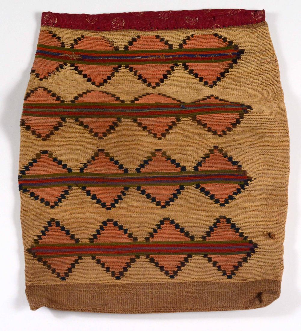 Native American Plateau Corn Husk Carryall Bag: Attributed Nez Perce, unusually large, with printed trade calico at mouth of bag. 23"l x 18"w Provenance: Property of Major General Charles Francis Roe (1848-1922). Descended through the family to the