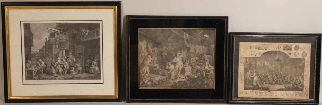 Three William Hogarth Prints: 1697-1764. Comprising"Canvassing for Vote" Plate II, "Analysis of Beauty" Plate II and one depicting a brothel scene. 17"h x 21"w