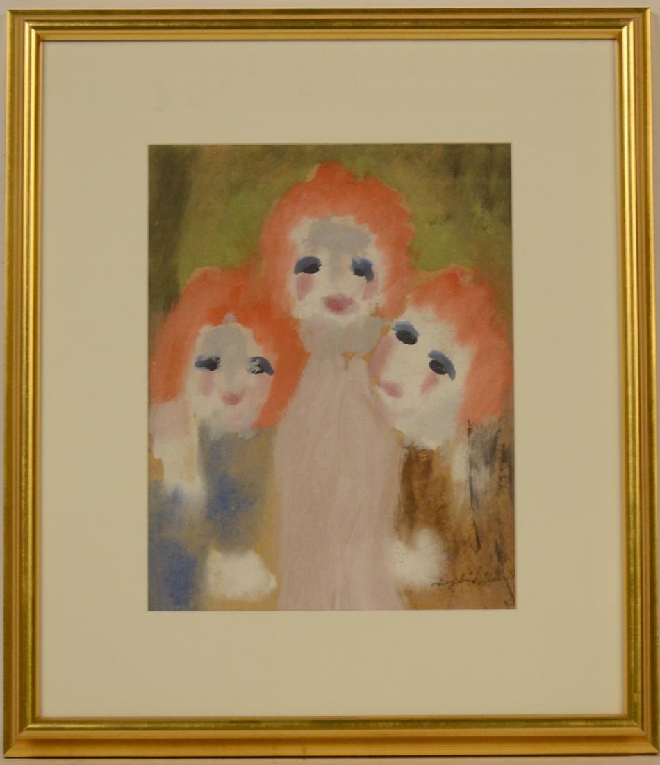 Gouache on Paper, Sybil Gibson: (American, 1908-1995), "Modern Primitive, Three Headed Girls," signed l.r., gilt framed and matted 14"h x 10 1/2"w