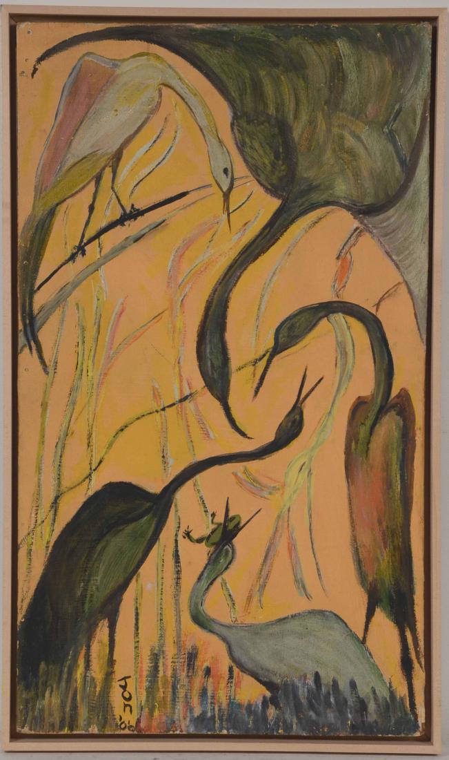Framed Oil on Board, Jon Serl: (American, 1894-1993), "Stilts," signed l.r., dated 1966. 34"h x 19 1/2"w Labeled on verso, Calvin Morris, Inc, New York City.