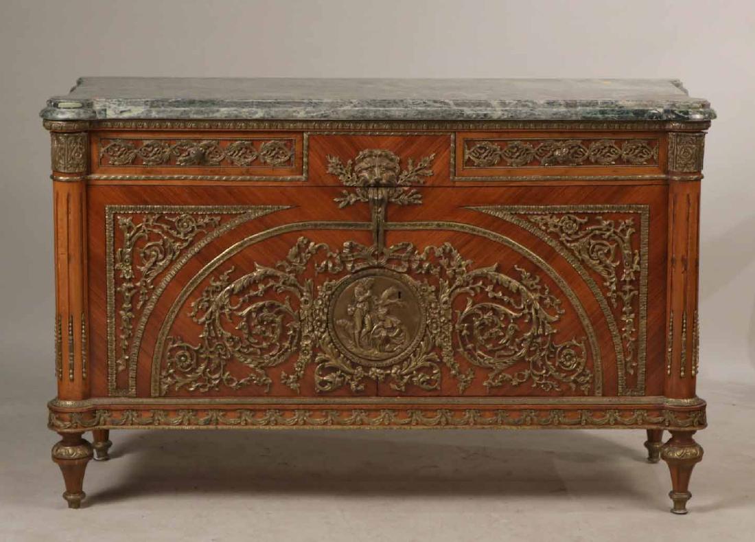 Neoclassical Style Ormolu-Mounted Chest of Drawe: Continental Taste, 20th C., with green marble top. 36-1/2"h x 4'10-1/2"w x 22-1/4"d