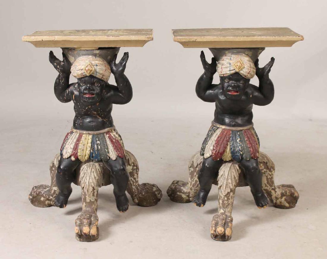 Pair of Painted Wood Blackamoor Table Supports: Probably English, 18th C. Wood analysis by Henry Alden confirms that the wood is bass-wood. 28"h x 20"w, base. Top: 12"w x 17-1/2"d