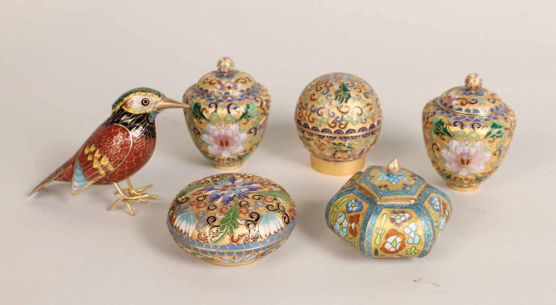 Six Cloisonne Decorative Items: Comprising two covered boxes, a pair of ginger jars, a lidded pot, and a bird figure. Bird: 2-1/2"h x 4-1/2"w