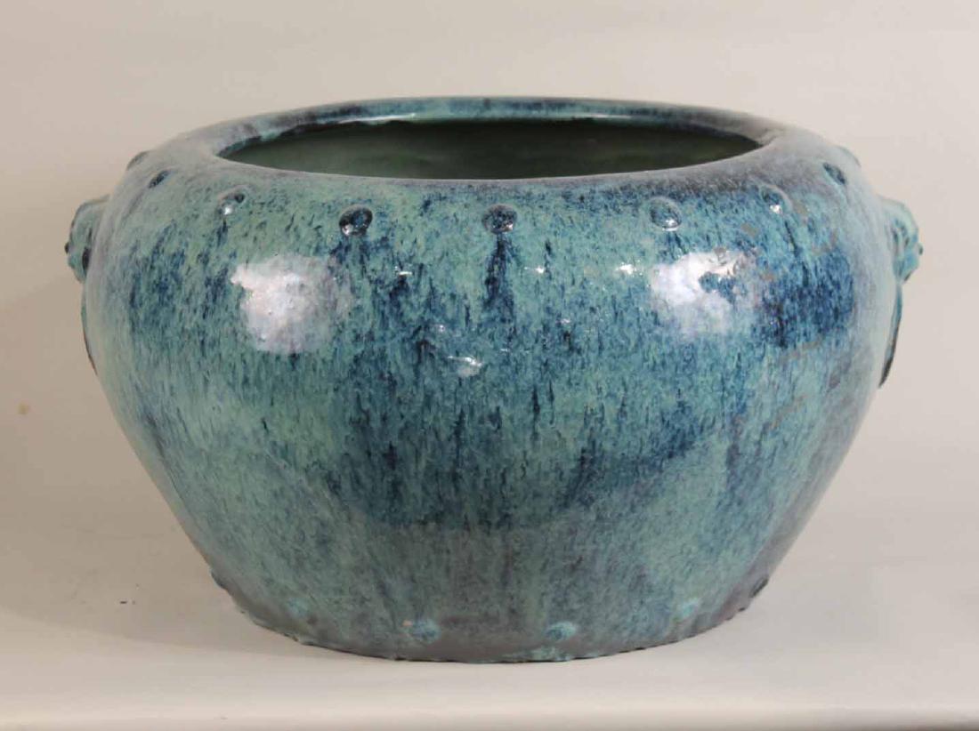 Ming-Style Ceramic Robs Egg Blue Planter: 20th C., of impressive size. With molded fu dog handles. 16"h x 20"w x 26"d