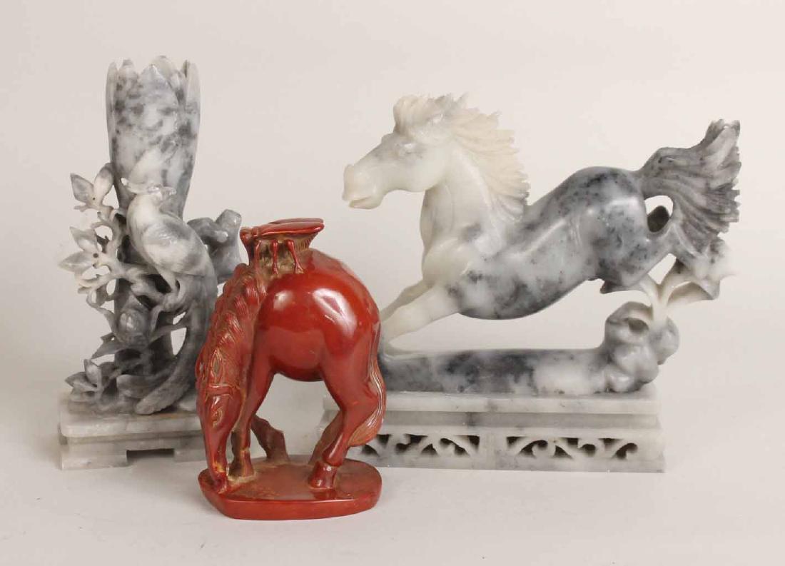 Chinese Soapstone Horse and Bird-Decorated Vase: 20th C. Together with a red resent horse figure. 3 pieces Tallest: 8"h