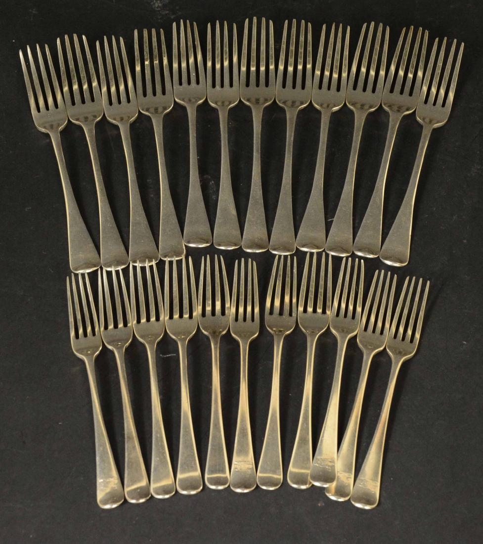 English Silver Hanoverian Pattern Forks: Comprising a set of six dinner forks, hallmarked WE WF (William Eley William Fern, London, 1823), set of six dinner forks, hallmarked IK (possibly John Keith, London, 1808), set of six smaller forks, 