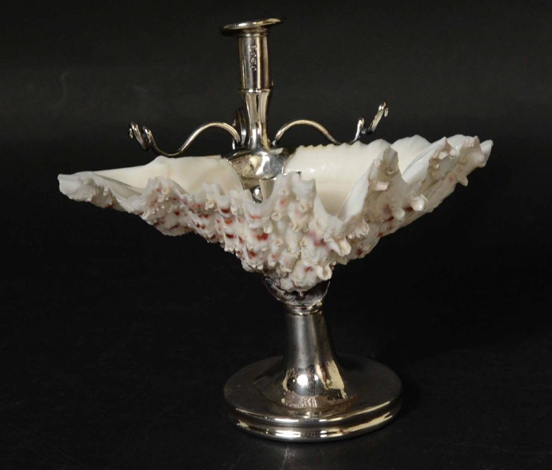 Victorian English Silver Mounted: Shell ink stand, handled, candle holders. 5"h.