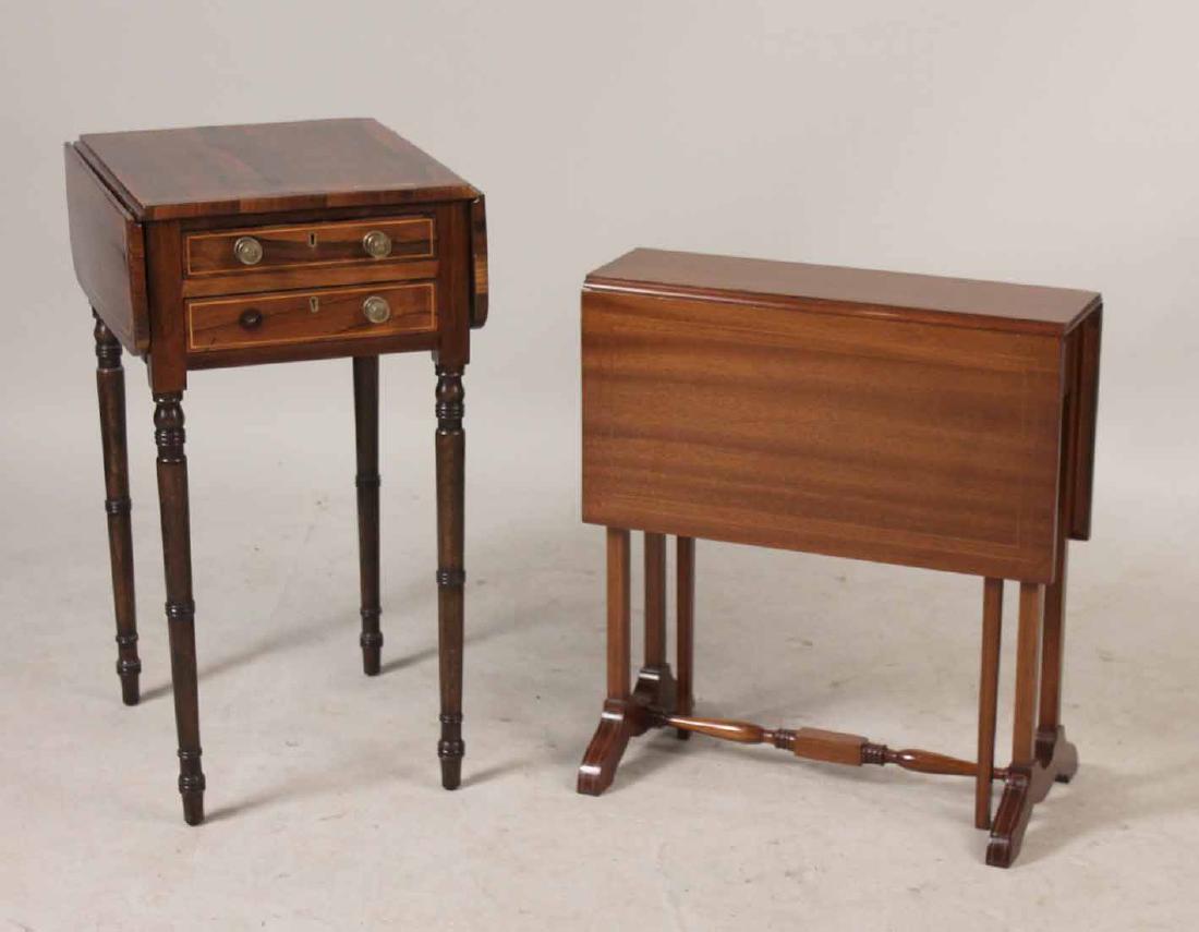 Federal Inlaid Rosewood Drop Leaf Work Table: Together with a Federal style inlaid mahogany drop leaf table. 2 pieces 28-1/2"h x 15-1/2"w x 17-1/2"d and 24"h x 22"w x 12"d