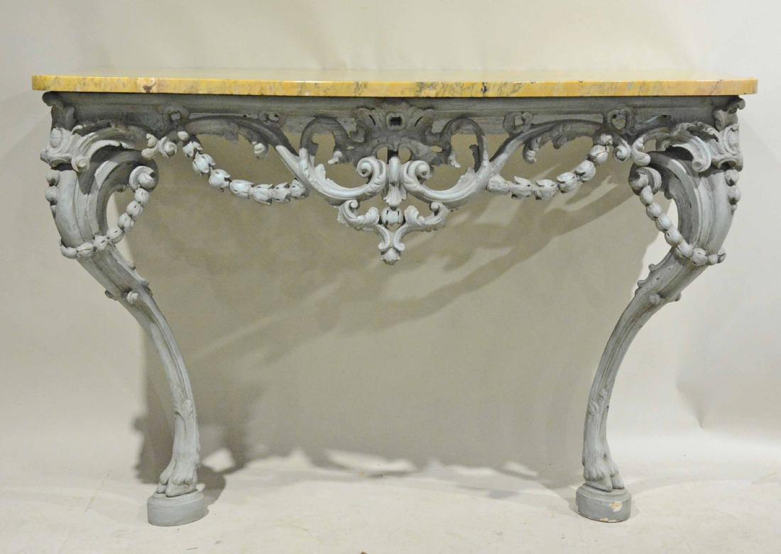 Rococo Style Painted Marble Top Console Table: 19th/20th C. Apx. 33"h x 4'w x 24"d