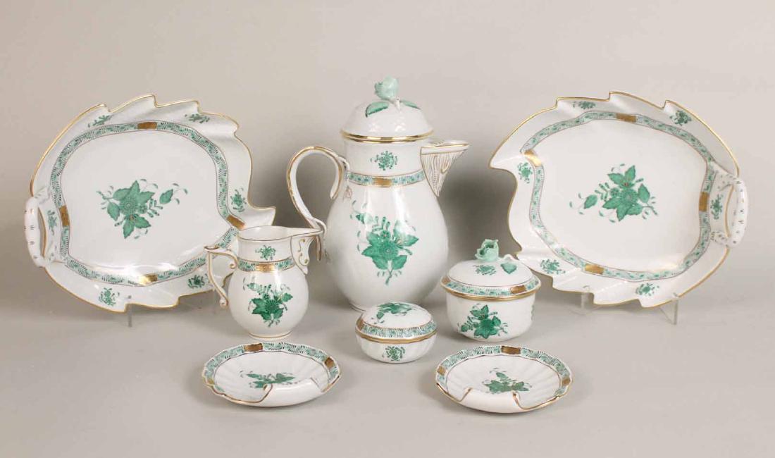 Herend Porcelain Chinese Green Bouquet Table Art: Comprising two leaf form plates, coffee pot, creamer jug and covered sugar bowl, covered dresser jar and two shell form dishes. 8 pieces. Coffee pot 9"h