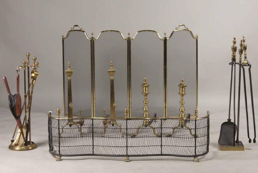 Group of Federal Style Brass Fireplace Tools: Comprising, two pairs of andirons, two sets of firetools, a wirework fender, and a folding screen. 8 pieces Fender: 4'1"l