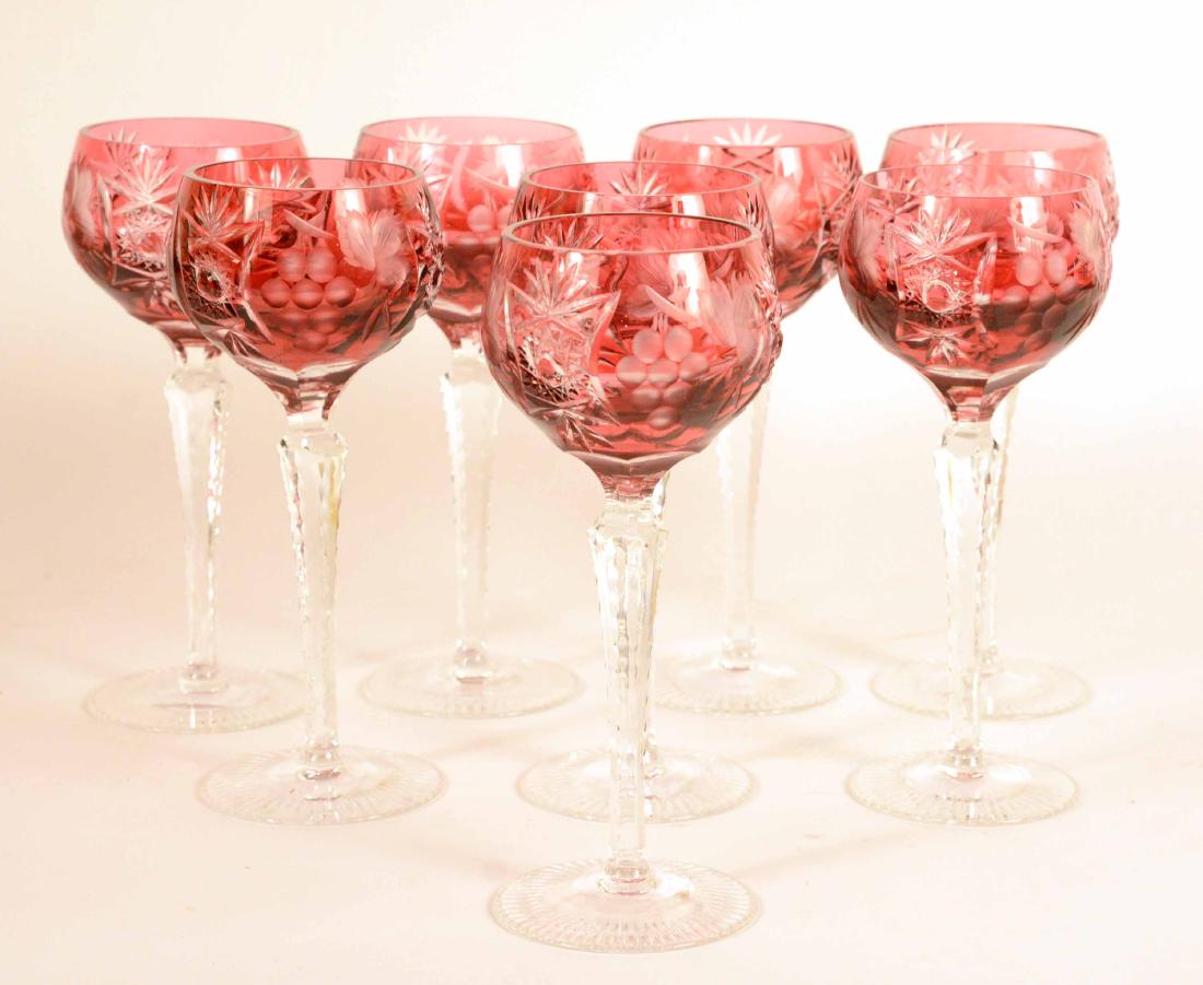 Set of Eight Bohemian Ruby Cut to Clear: Wine glasses. Each 8-1/4"h.