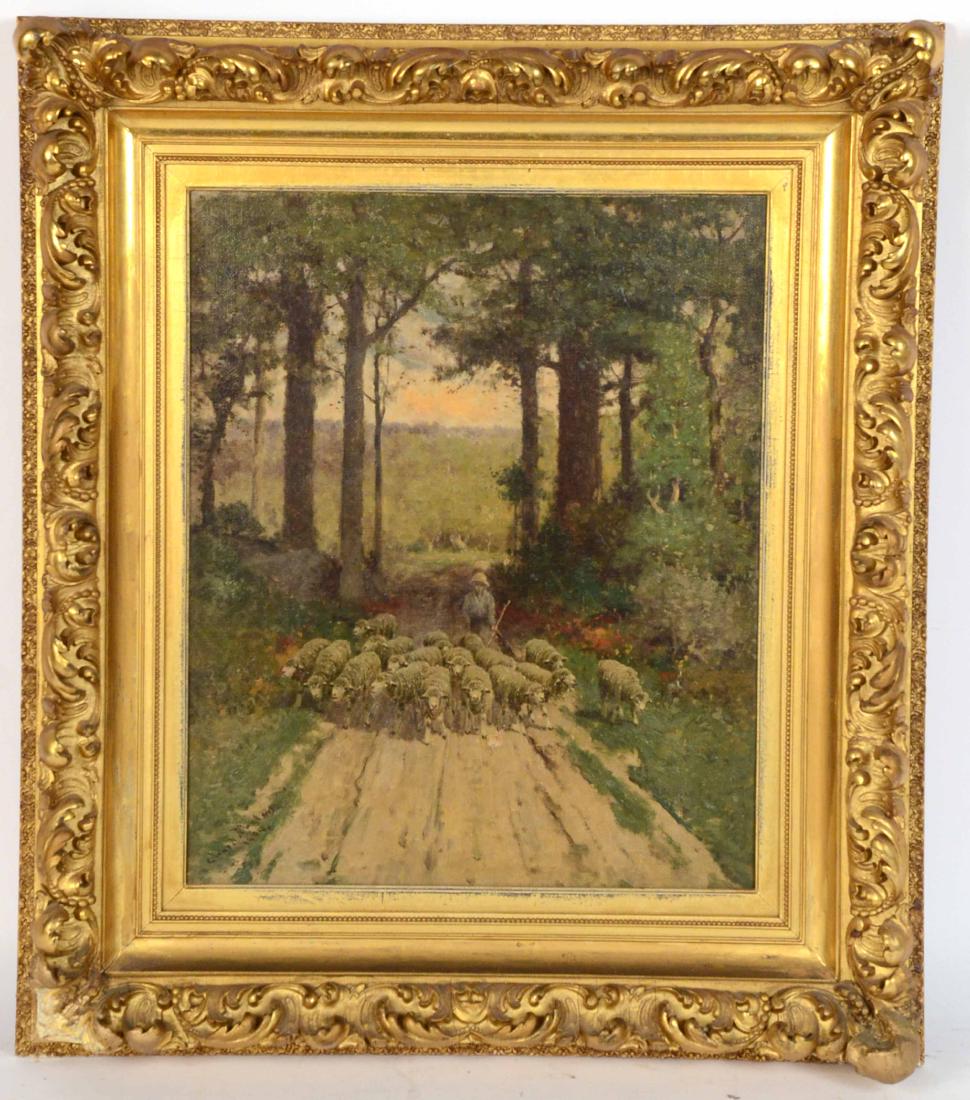 Oil on Canvas, Sheep in Road, Charles Phelan: (American, b. 1840), signed l.r. "Charles T. Phelan, 1899." Sight size: 16-3/4"h x 13-3/4"w