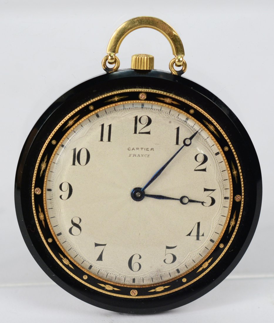Cartier Art Deco Onyx Enamel Gold Pocket Watch: Open faced, ca 1920, manual wind movement, 19jewels, hour, minute,silver guilloche dial, blue hands, watch case of 18K gold &onyx, fully functional.50mm d.
