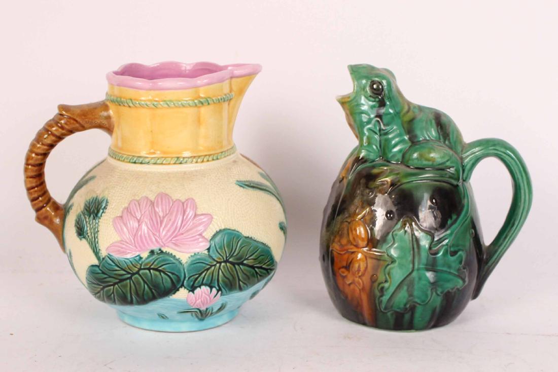 Majolica Ceramic Frog Pitcher: Together with an English ceramic floral decorated pitcher. 7 1/2"h