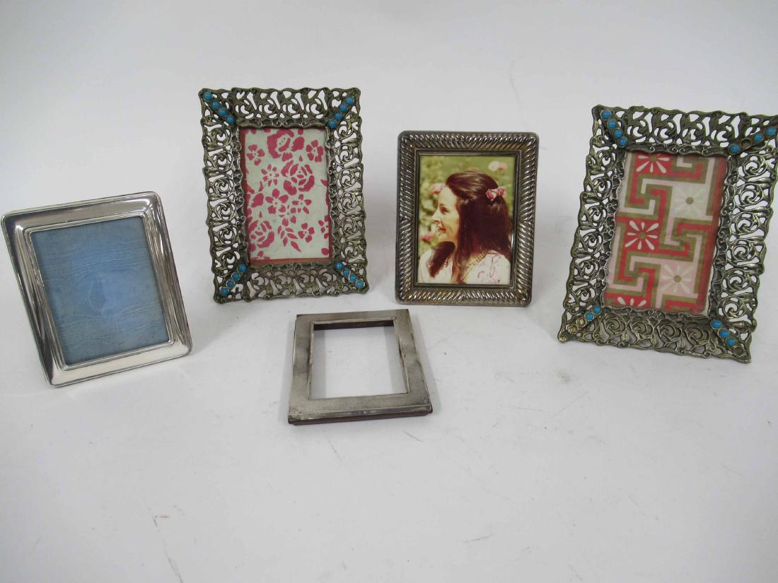 Three Assorted Picture Frames: Together with two brass and turquoise beaded frames. Largest 5 1/2" x 7"