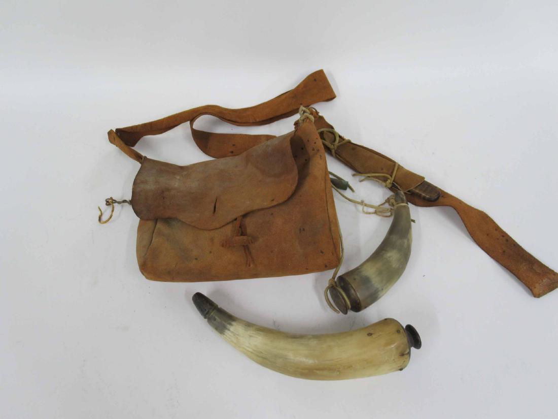 Leather Satchel and Two Horn Powder Flasks: Horn: 10"l
