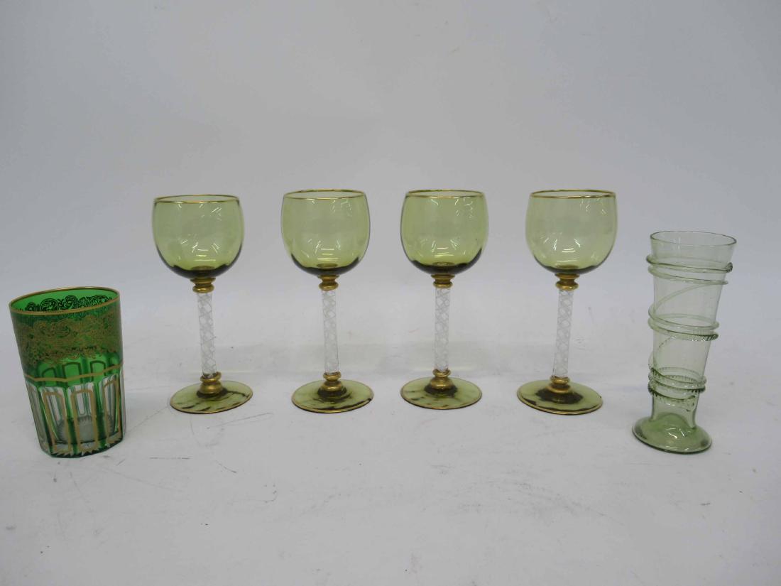 Set of Four German Green Wine Glasses: Together with a hand blown glass vase and Bohemian glass. 6" tall