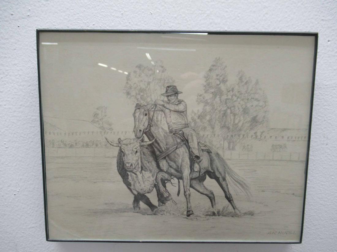 Block Print on Paper: Depicting South American figure illegibly signed l.l.. Together with rodeo scene pencil drawing signed l.r. A. R. Hugill. framed size largest 16 1/8" high x 10 1/4"wide