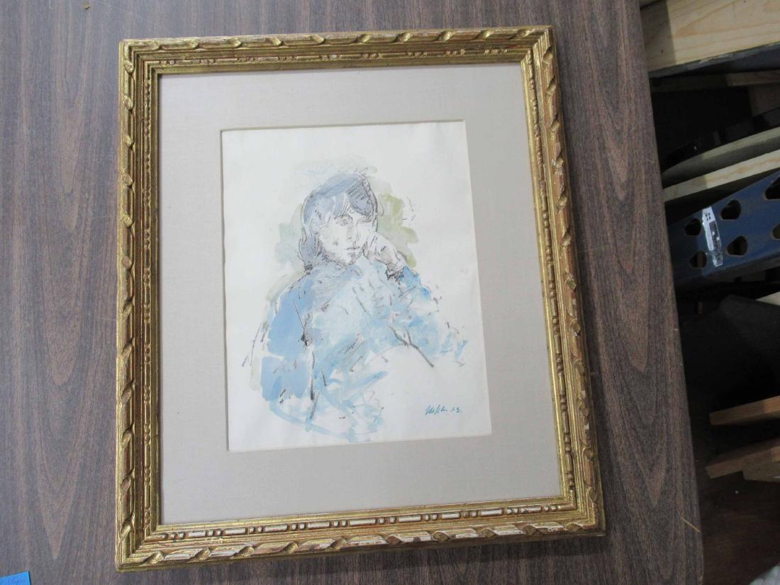 Watercolor on Paper of Female with Blue Shirt: Signed lower right John Heliker Titled "Portrait of G". Framed 22" x 19"