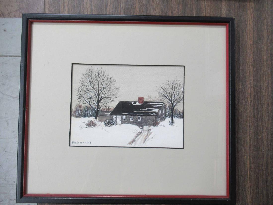 Two Margaret Lamb Mixed Media on Paper: Depicting a grave yard and farm house. Together with a watercolor of Marina by M. Langs. Largest framed size 14 1/2" x 11 1/2"
