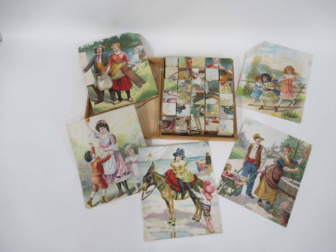 Victorian Boxed Block Puzzle: Late 19th C., containing a set of blocks depicting six images. Box: 2-1/4"h x 11"w x 9-1/2"d