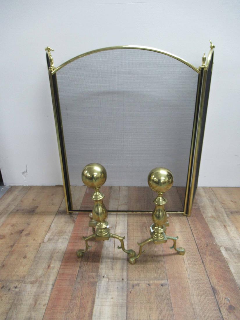Pair of Brass Ball Top Andirons: Together with a folding firescreen. 17"h x 10-1/2"w x 6"d