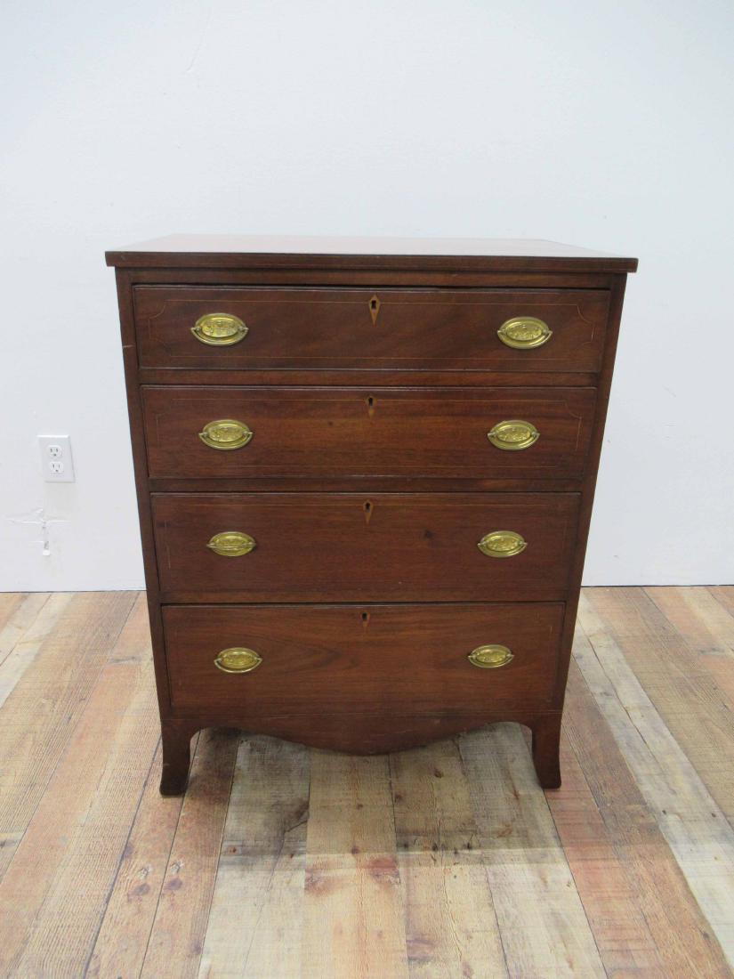 Hepplewhite Style Chest of Drawers: Mahogany chest with four graduated drawers. 34" tall x 17 1/2" deep x 26" wide