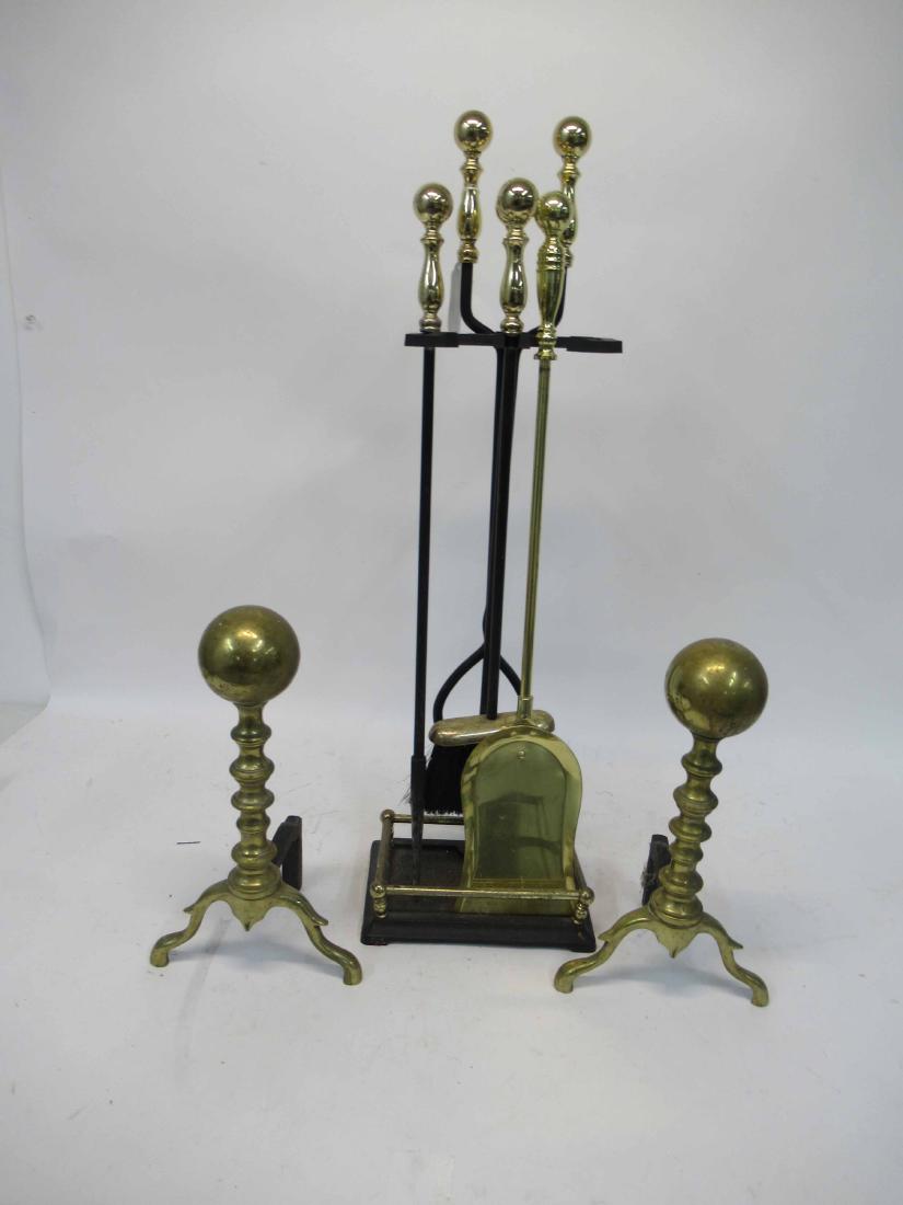 Set of Brass and Iron Fire Tools: Together with pair of cannonball fire dogs. fire dogs 14"tall x 8": wide x 6 1/2" deep