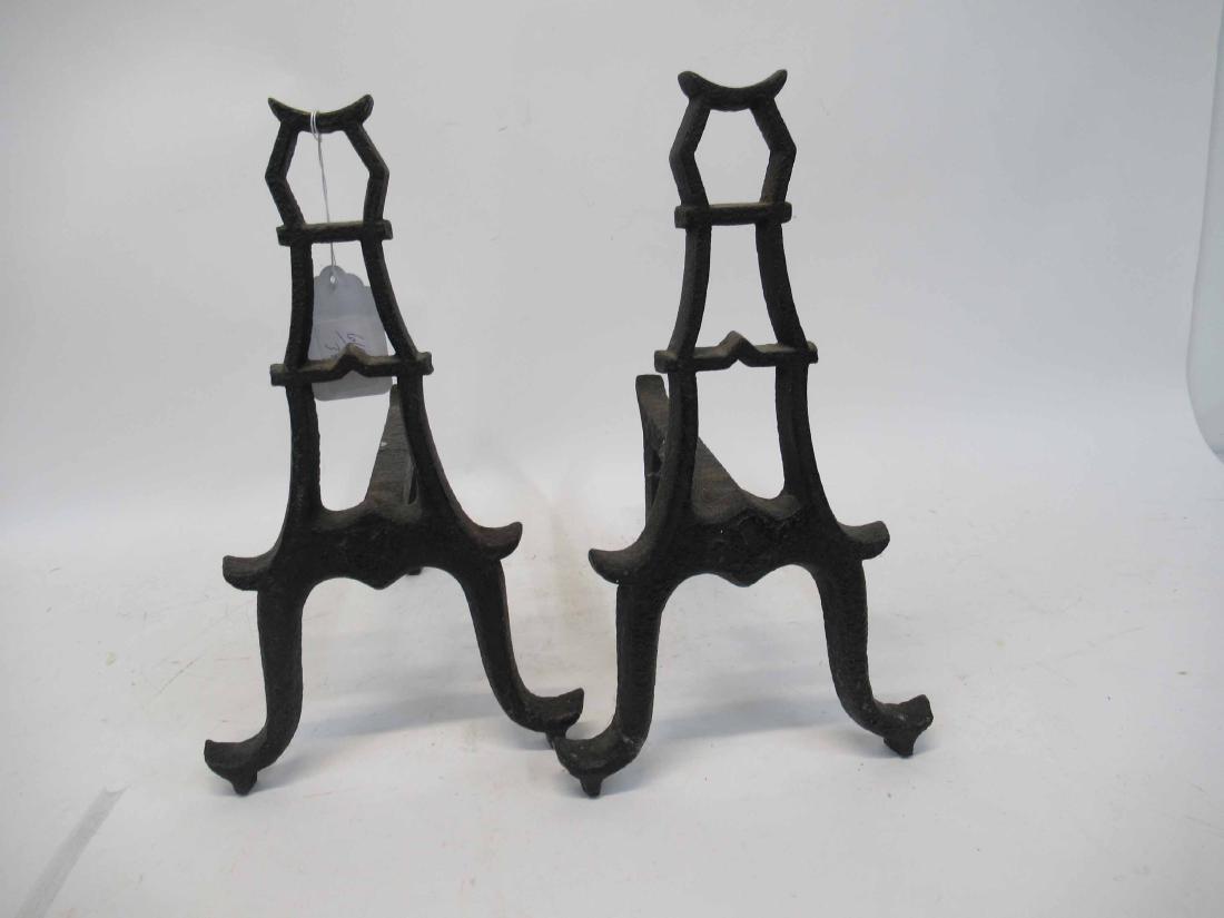 Pair of Iron Andirons: Oriental pagoda form. 14" tall x 8" wide x 14" deep