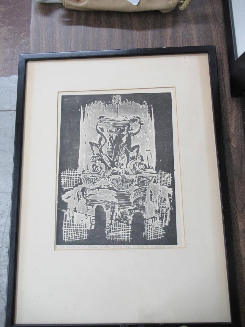 Two Mario Micossi Intaglio Prints: One depiction a Piazza fountain Rome and a modern 1960's woman at office. Largest framed size x 25" x 19"