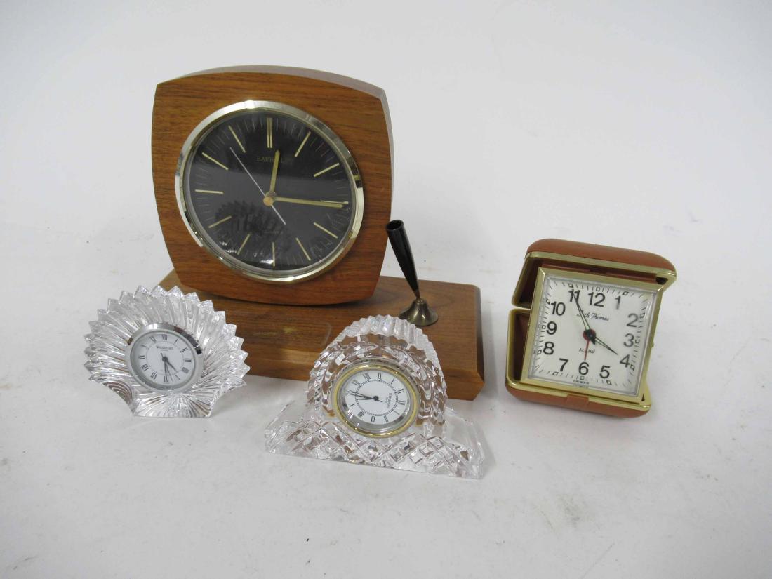 Two Waterford Glass Clocks: Together with a Barhill desk clock and Seth Thomas travel clock. Barhill clock 8" long x 6" tall x 4" deep