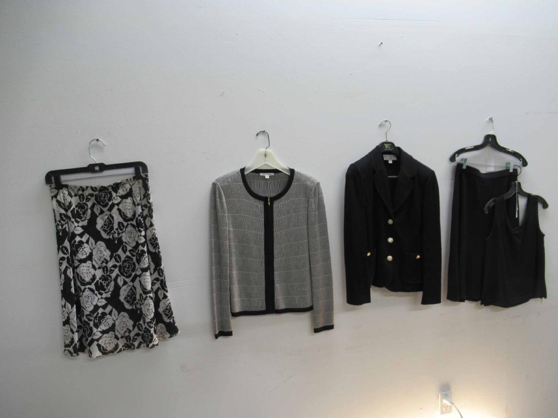St John Knit Navy Three Piece Suit: Comprising a navy three piece suit with jacket, skirt and tank top and a black and white sequined jacket and silk silk black and white print skirt. Sizes 4, 8 & 10