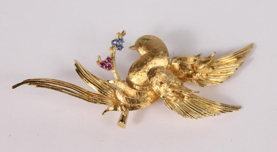 18K Brushed Yellow Gold Bird on Branch Brooch (1 of 4)