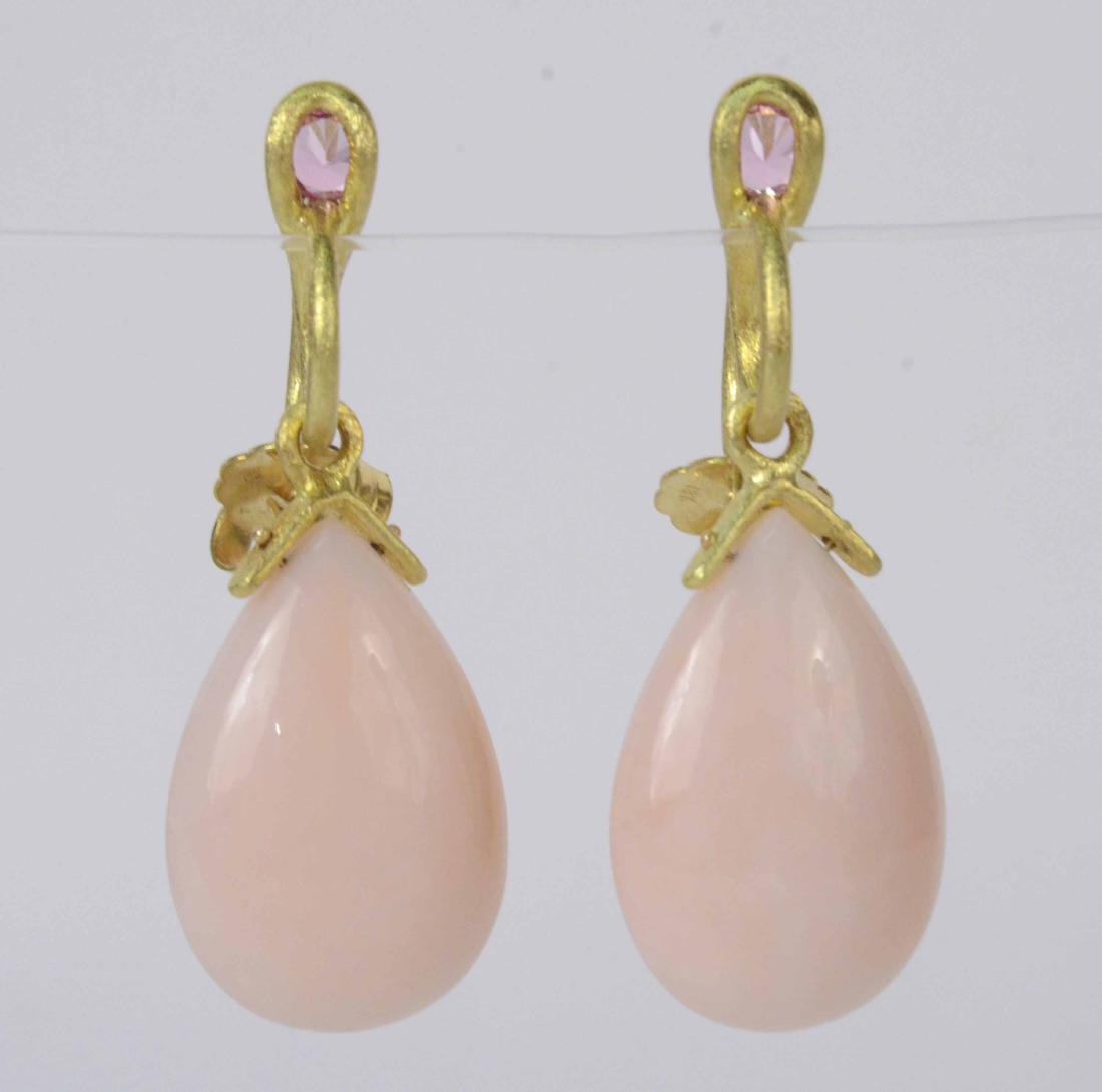 Joseph Murray 18K Yellow Gold Pink Opal Tourmali: Pair brushed gold teardrop form, each set with one small pink tourmaline, gross weight approx. 9.65dwts. 2"l. With paid receipt for $3280.