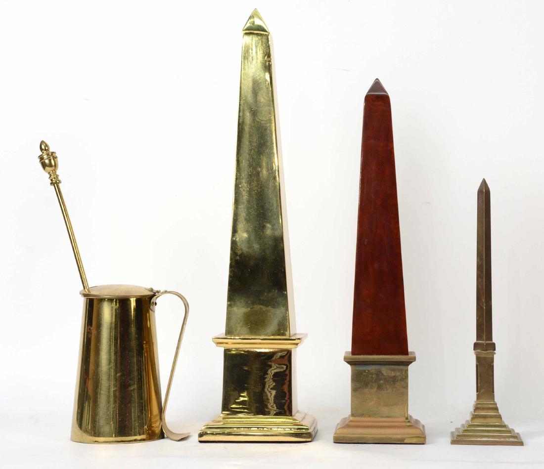 Four Brass Articles: Comprising three obelisk, one walnut mounted, and a brass Cape Cod lighter. Tallest 18"h