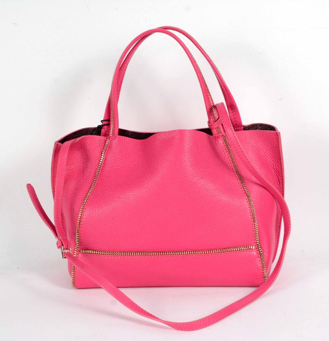 Botkier, New York "Soho Bite Size" Tote: Hot pink pebbled leather, gilt zipper decoration, double handled, interior zipper compartment and slip pocket attachment, open top, optional shoulder strap. 9"h x 11-1/4"w (bottom) x 5-3/4"d, handles 