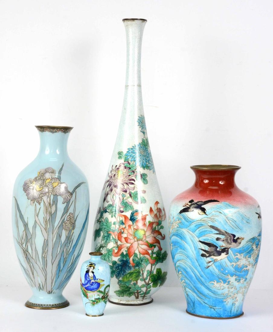 Four Japanese Cloisonne Vases: Meiji Period/Taisho Period. 4-3/4"h, 12"h, 15"h, and 24"h