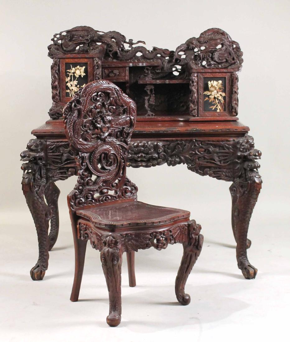 Chinese Hardwood Desk and Matching Chairs (1 of 10)