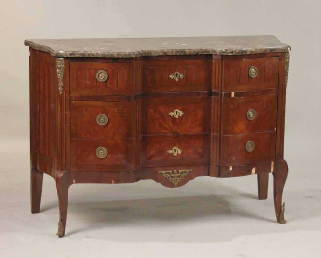 Louis XV Style Inlaid Marble Top Commode: French, 19th C. 34-1/2"h x 4'2"w x 21"d